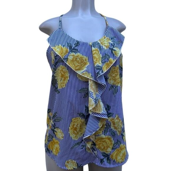 Time To Bloom Blouse Medium Blue Yellow Striped Floral Ruffle Spaghetti Strap - Picture 5 of 16